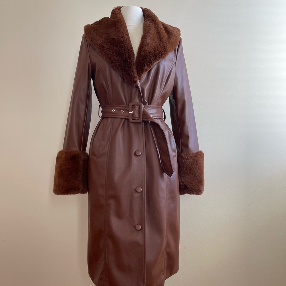 Brown Faux Fur Trimmed Leather Coat
